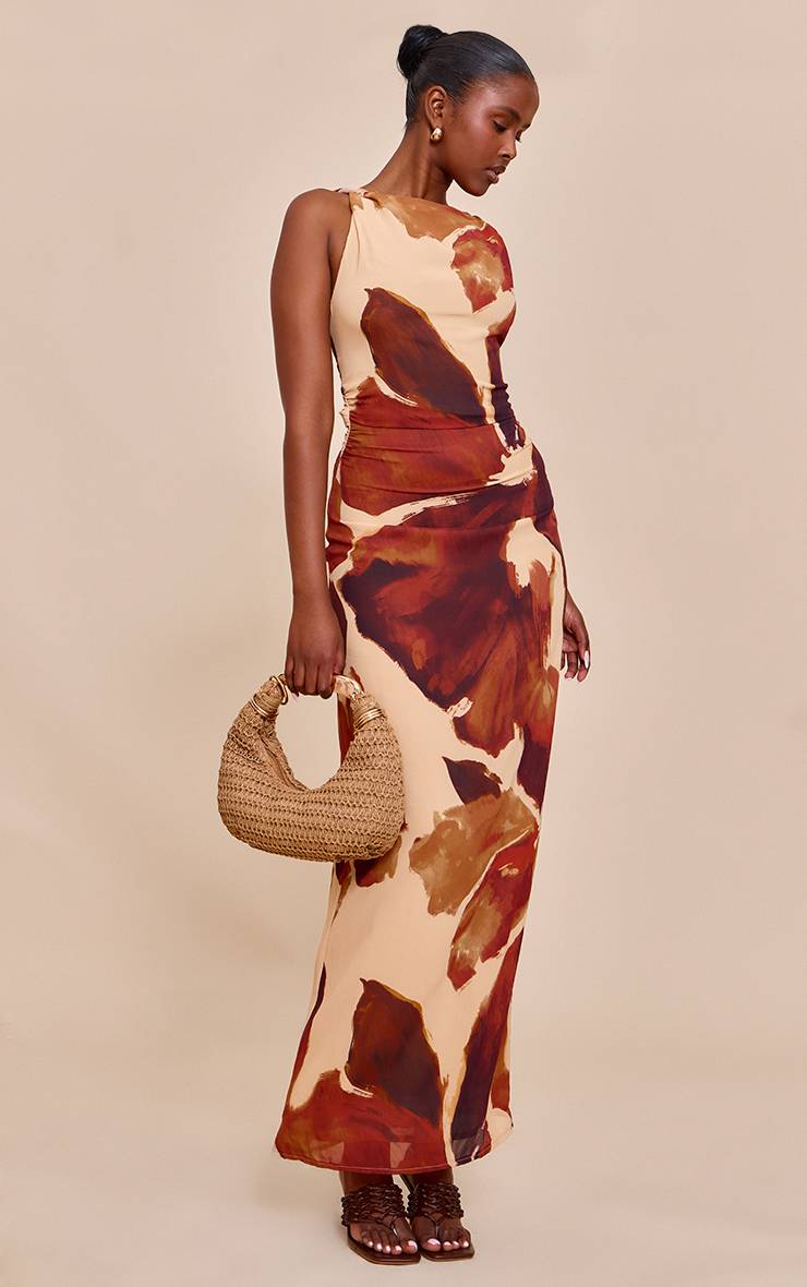 Marron Robe Longue En Mousseline De Soie Froncée À Imprimé Floral Marron
