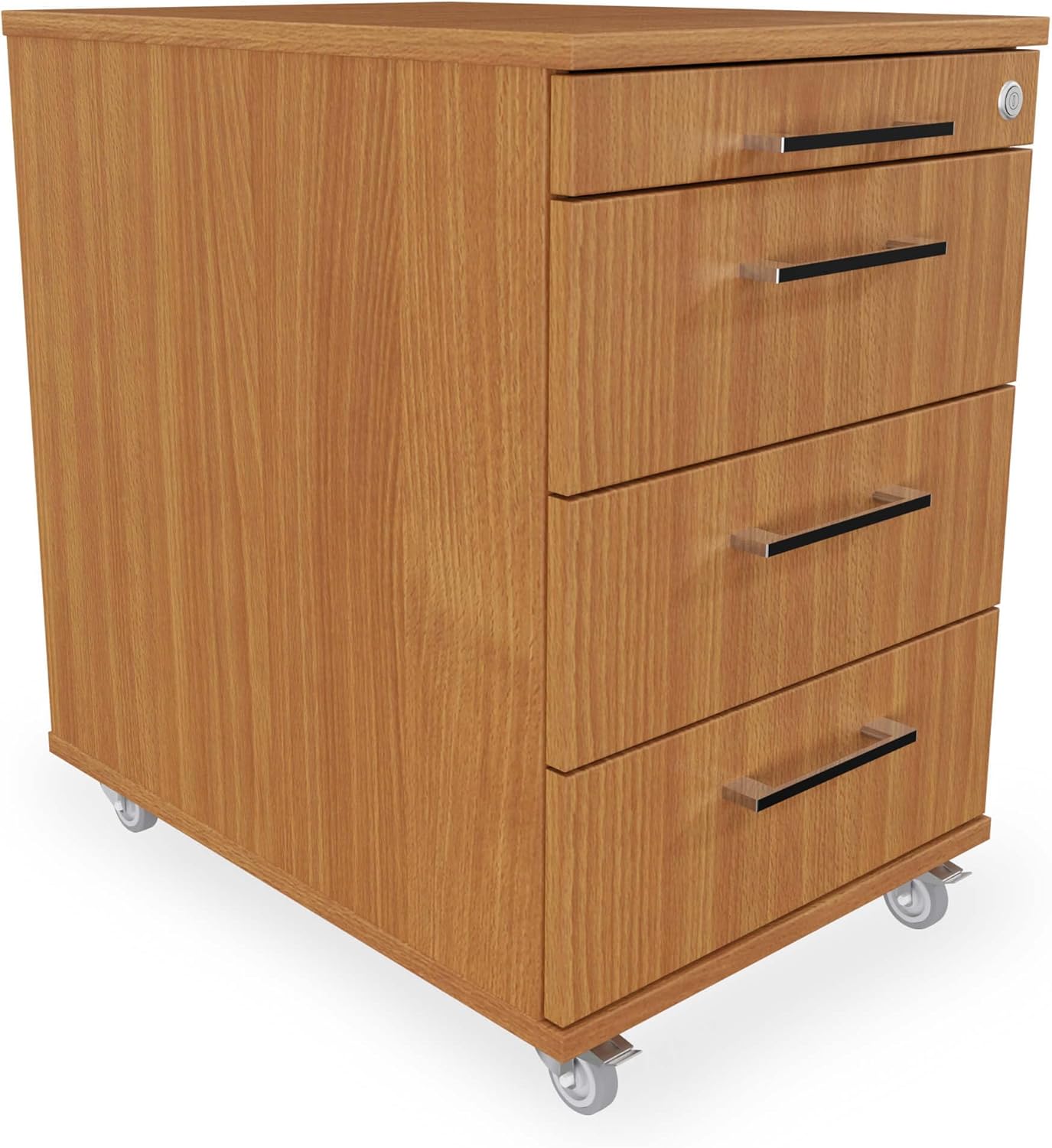Rollcontainer 3 Schubladen + Materialauszug H 65 x B 43 x T 60 cm | Bürocontainer aus Holzwerkstoff in Buche | Schreibtischwagen abschließbar | Schubladenschrank aus hauseigener Fertigung