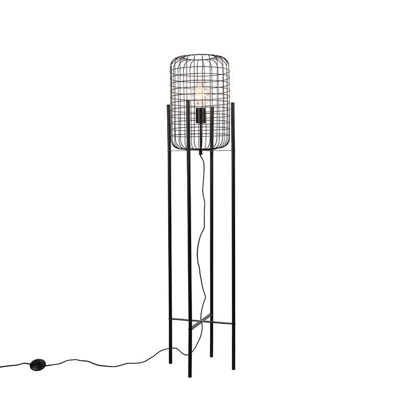 QAZQA - Industrieel I Vintage I Industrieel I Vintage I Vloerlamp Zwart - Bliss Vefa I Woonkamer I Slaapkamer - Staal Langwerpig - LED Geschikt E27