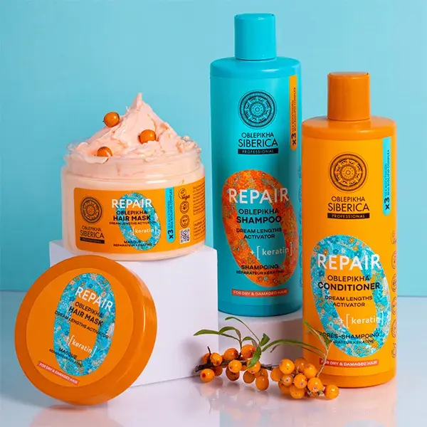 Shampoo Natura Siberica Oblepikha O Keratin Repair com Espinheiro-marinho para cabelos secos e danificados 400ml