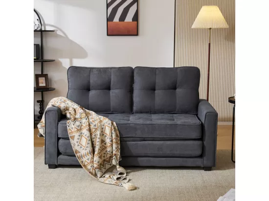 Canapé 2 places convertible en Lin gris - 151x86x75cm - avec poche d'accoudoir - couchage 169x127cm - Matelas 12cm