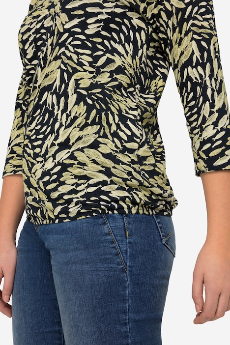 T-Shirt, Fische Print, Rundhals, 3/4-Ärmel, elastischer Saum, OEKO-TEX