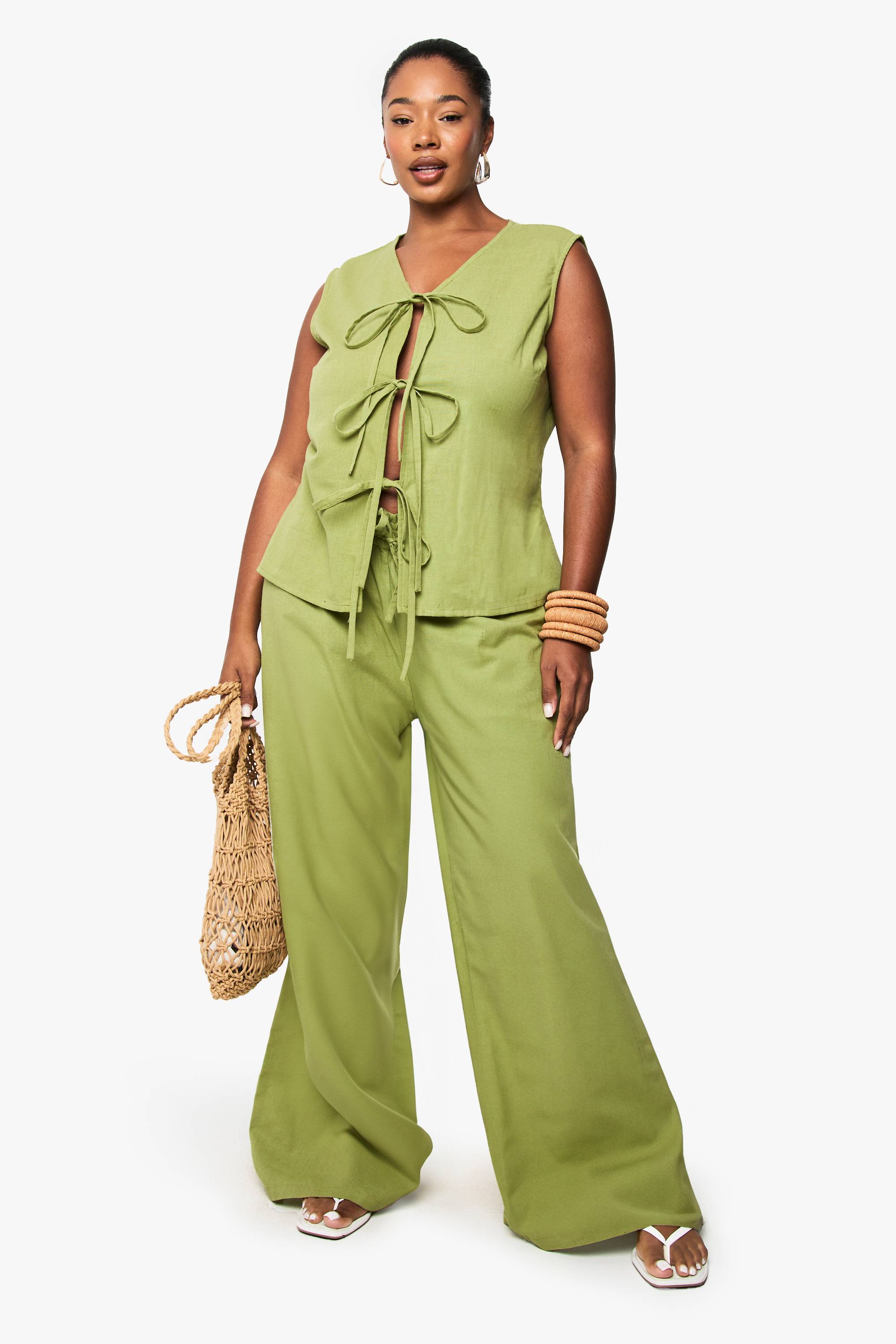 boohoo Plus Tie Front Sleeveless Top And Paperbag Trouser Co-ord