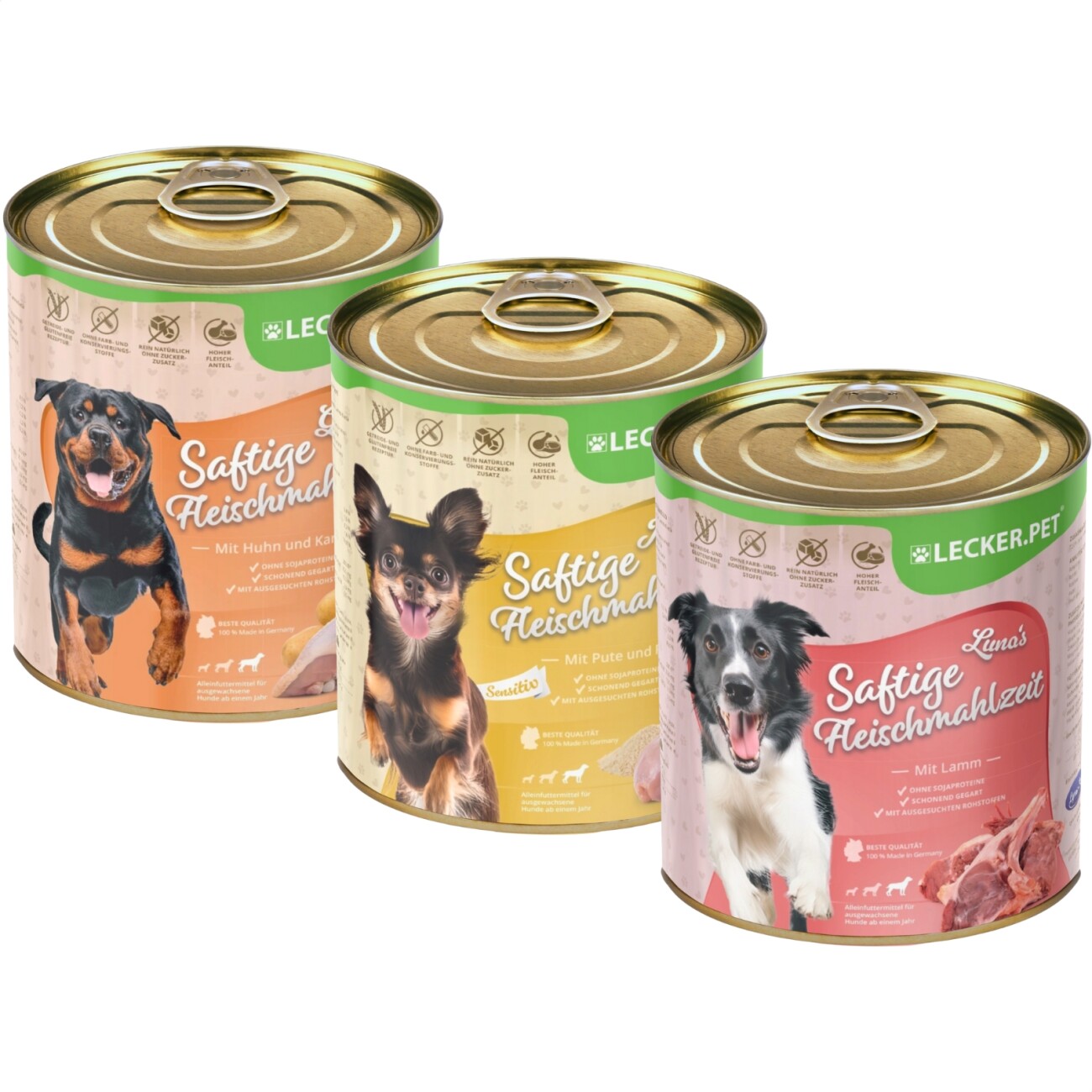 Lyra Pet Lecker.Pet® Gino's, Josie's & Luna's Saftige Fleischmahlzeit Hunde Nassfutter Mix Vollnahrung