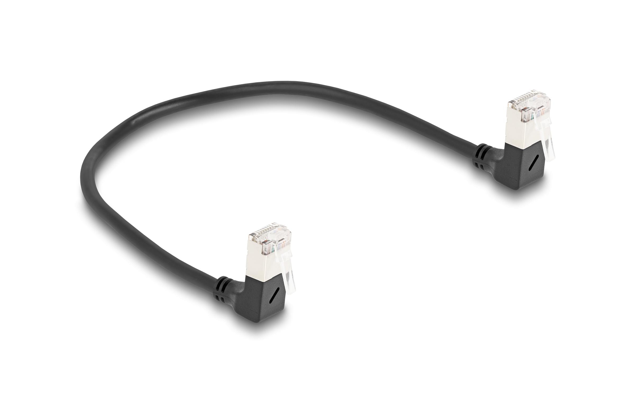 Patchkabel 90° gewinkelt Cat 6A, S/FTP, 0.25 m, SchwarzDelock RJ45 Netzwerkkabel Cat.6A S/FTP Slim 90° unten / unten gewinkelt 0.25 m schwarz