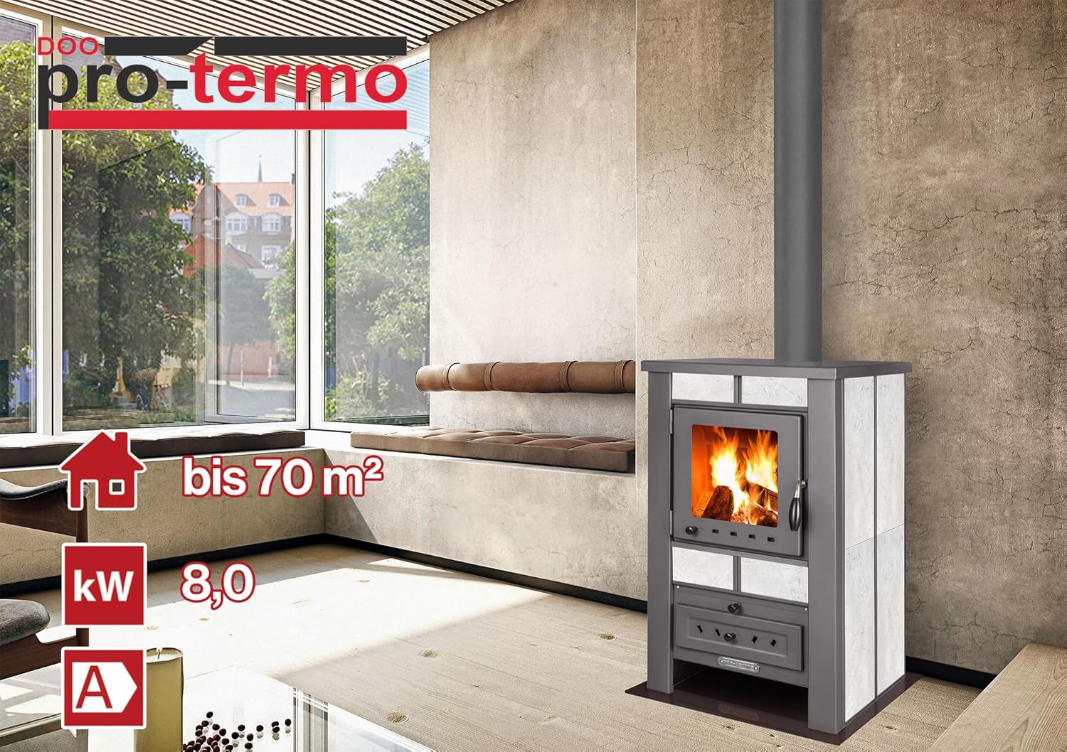 ProTermo Alpina G Weiß Kaminofen mit Schamottstein - 8 kW Heizleistung - Kaminofen Holzofen mit Sichtfenster, Bauart 1