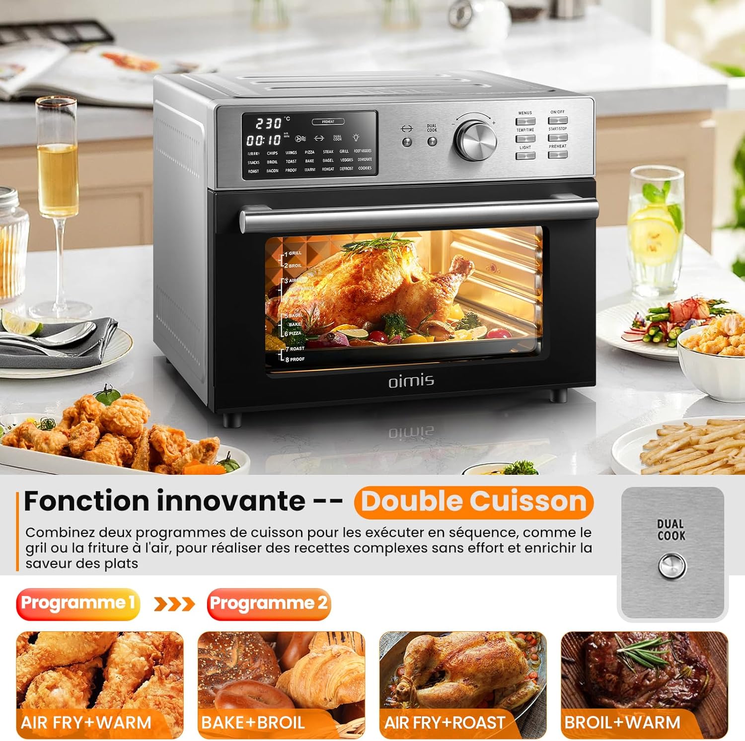 Oimis Friteuse à Air Four 30L, Friteuse Sans Huile 1800W, Friteuse à Air Chaud avec 21 Programmes Prédéfinis, Cook Rôtissoire Déshydrateur, 7 Accessoires, Livre de Recettes, Four à Air Chaud,Argent