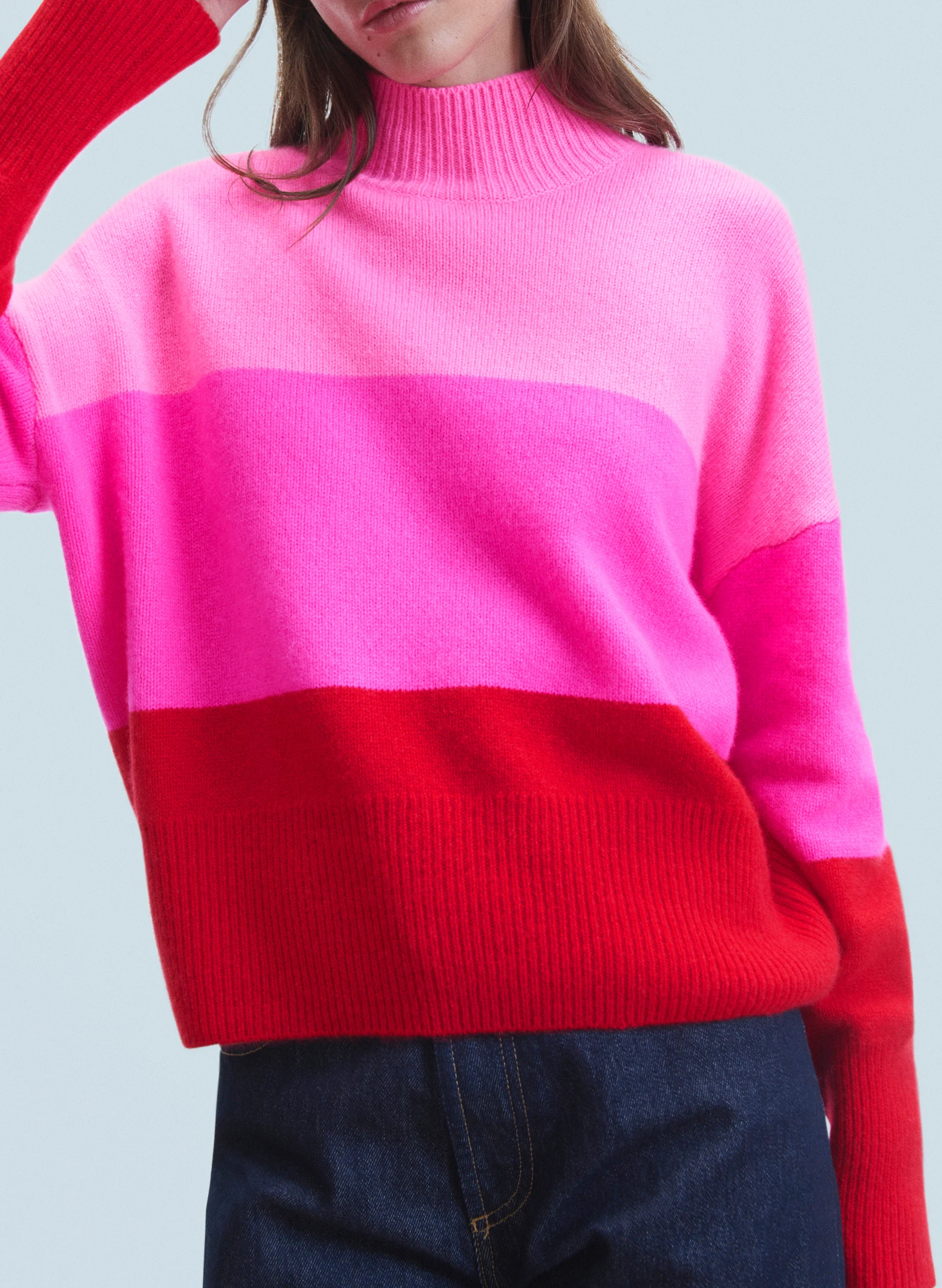 Pull ample col montant rayé en cachemire | Rouge