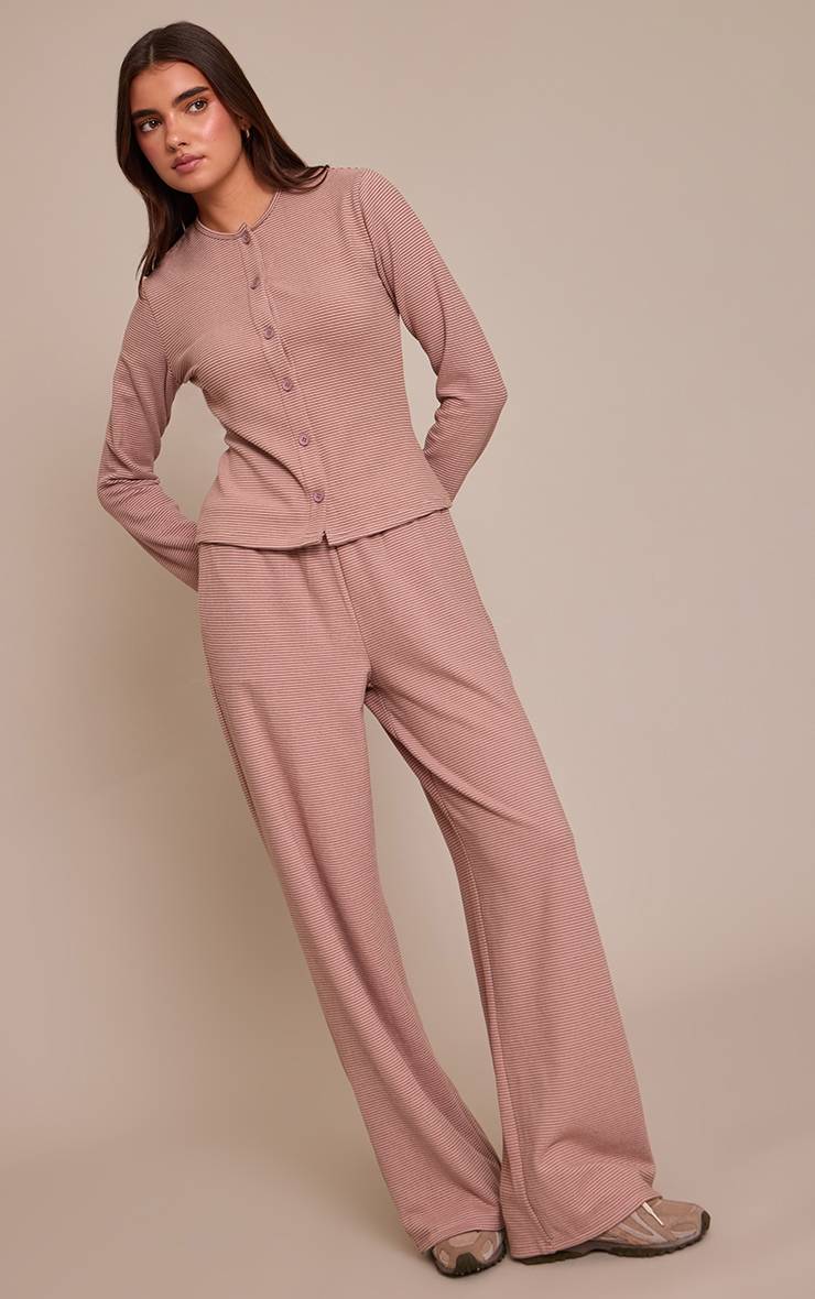 Rose Clair Pantalon Droit En Molleton Doux À Fines Rayures