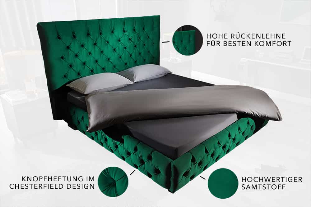 Design Boxbett PARIS 180x200cm dunkelgrün Samt Chesterfield Doppelbett