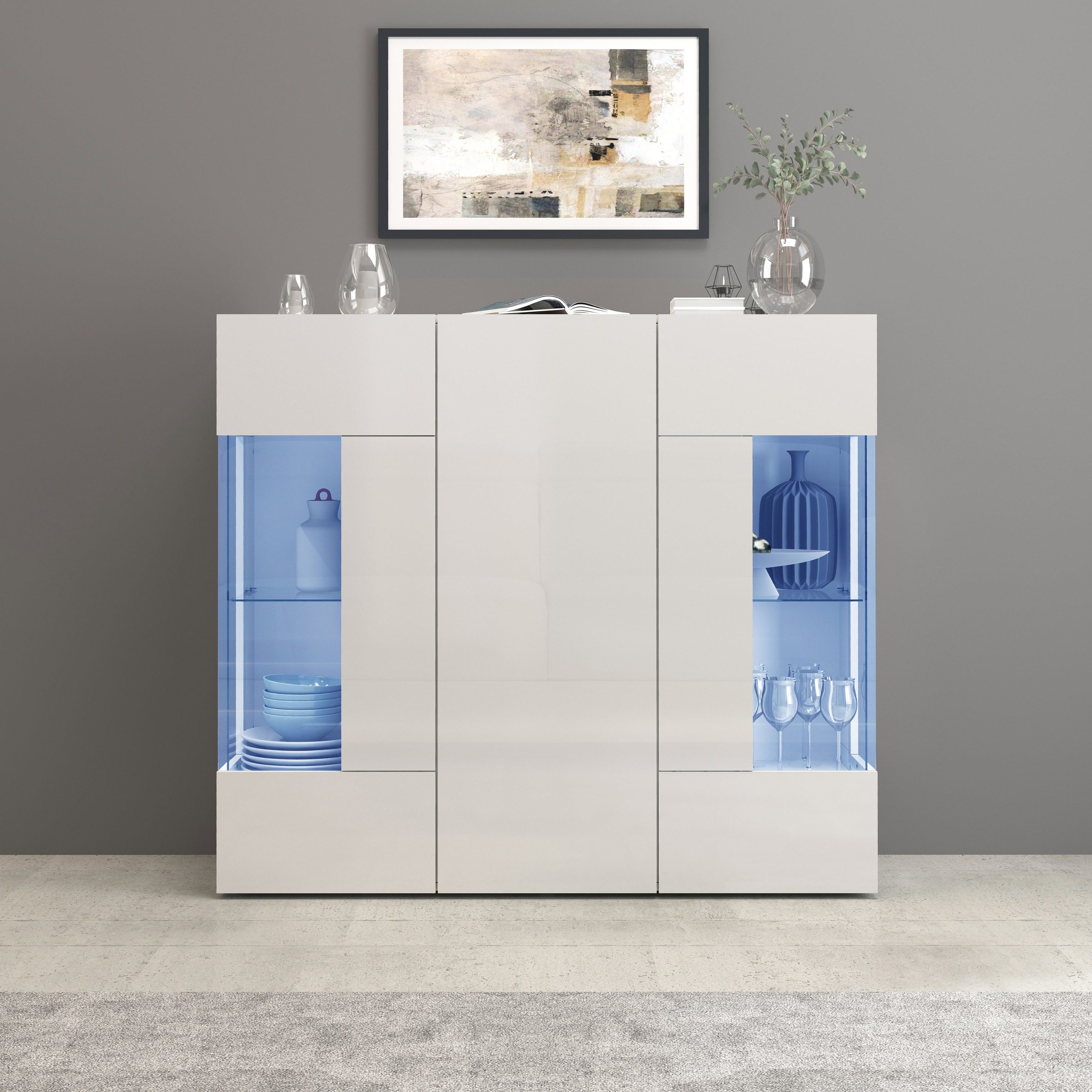INOSIGN Highboard »Egypt, Highboard, Hochschrank, Hochkommode, Vitrine« mit 3 Türen davon 2 mit Glaseinsatz,kompl. Hochglanz lack.,Breite 135