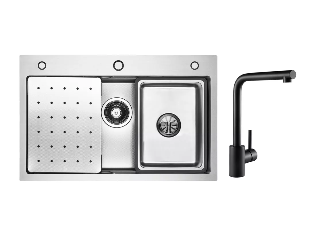 Évier 1 Bac 70×45CM Évier Inox Argent avec Egouttoir,Vasque, Distributeur de Savon + Mitigeur de Evier Noir Rrotatif à 360 °