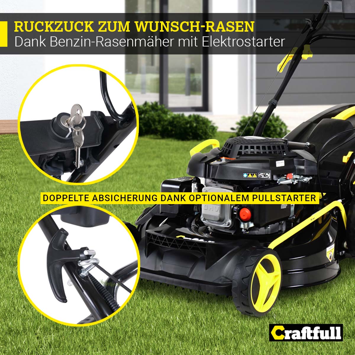 Craftfull Premium Benzin-Rasenmäher CR-196-10E, 5in1, Elektrostarter, 4,4kW, GT-Leichtlaufgetriebe