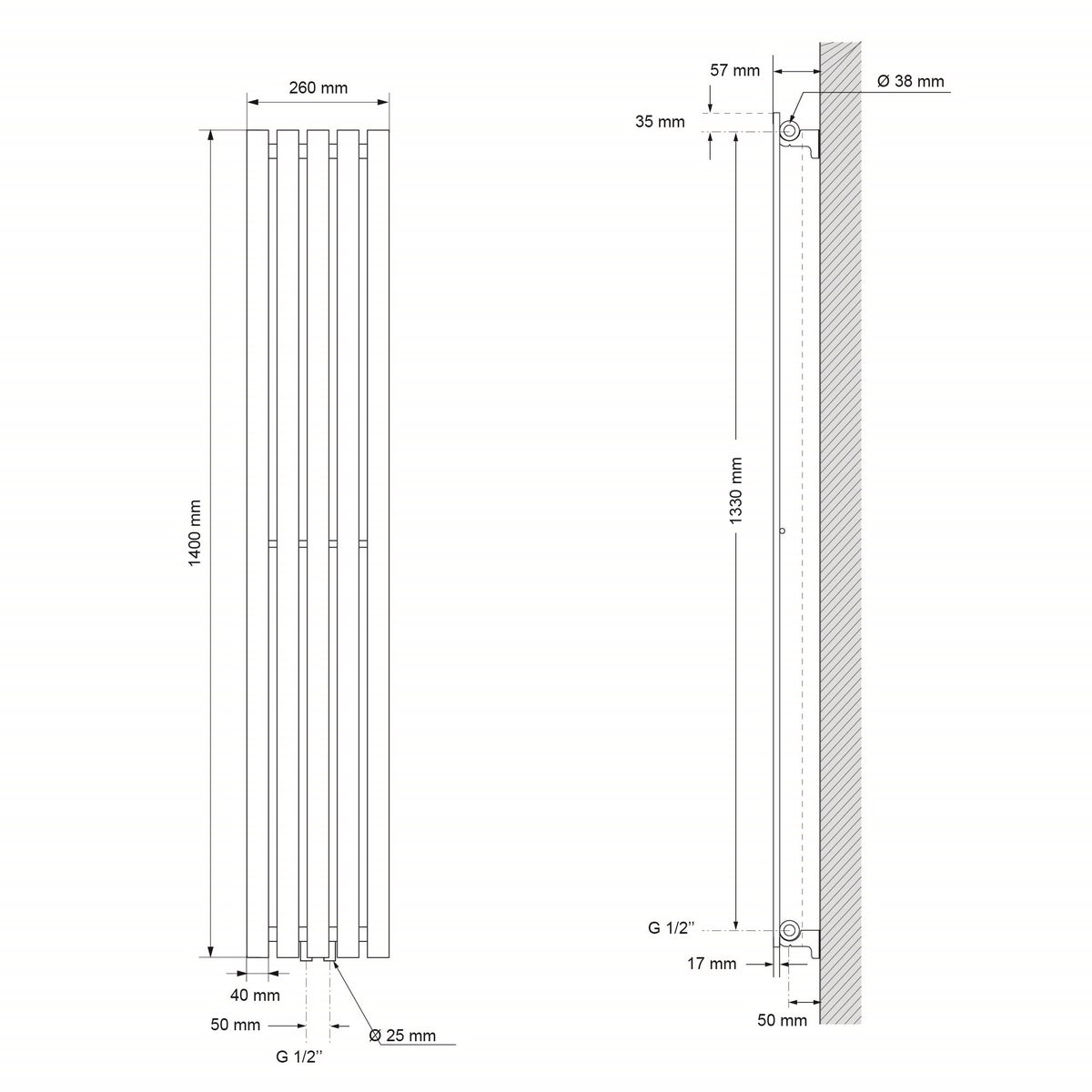 LuxeBath Stella designradiator, 260 x 14000 mm, matzwart, paneelradiator met middenaansluiting, enkellaags, vlak, verticaal, badkamerradiator, buisradiator, vlakke radiator, badkamerwandradiator