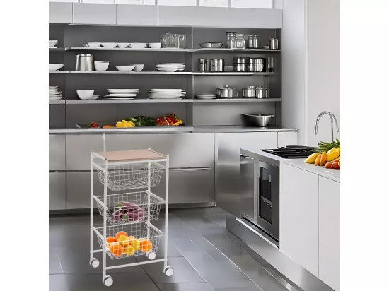 Desserte de cuisine, 3 grands paniers coulissants - Blanc-Hêtre - 81*43,7*32,5 cm – AXO