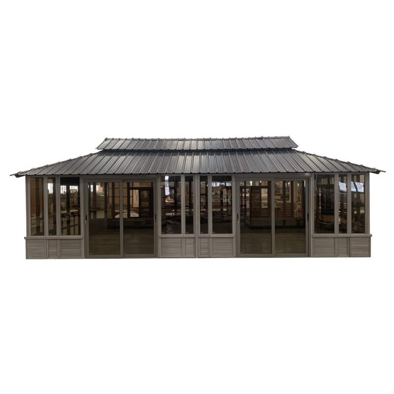 Gazebo de madeira maciça para pátio, 8,5 m de largura x 4,7 m de profundidade.