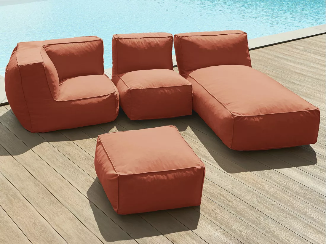 Salon de jardin en tissu 4 places : 1 fauteuil, 1 angle, 1 méridienne et 1 pouf - Terracotta - NOUMARA de MYLIA