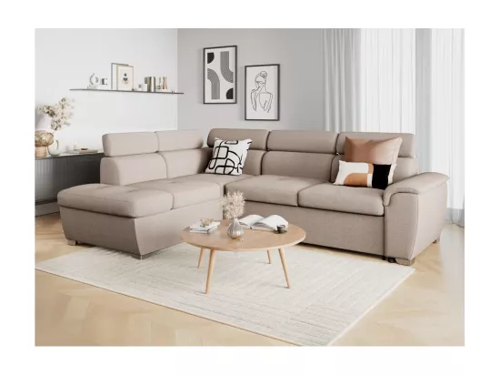 Canapé d'angle gauche convertible Paola 4 places avec coffre en tissu - Beige - L261 x P198 x H80cm - Loungitude