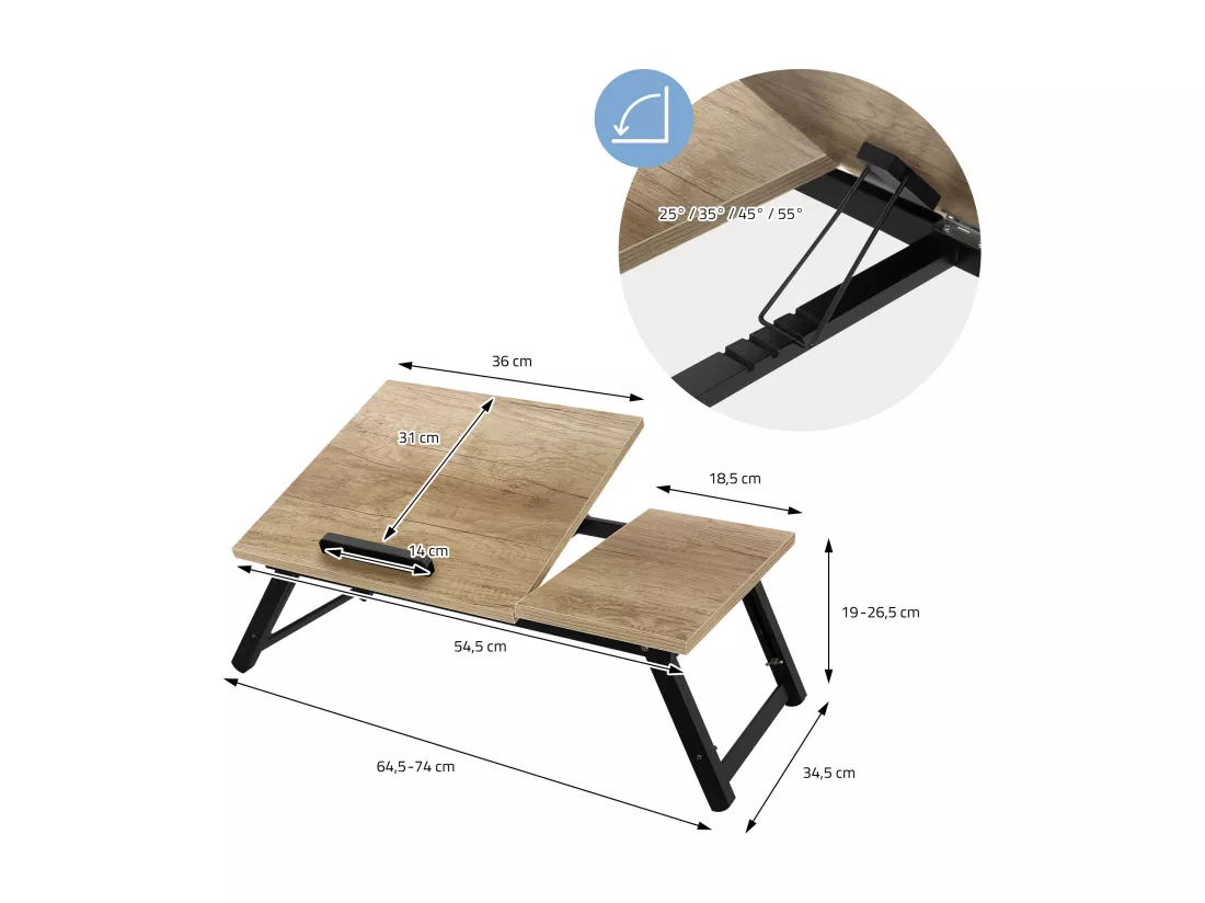 Table de lit support ordinateur portable réglable chêne en métal MDF avec tiroir