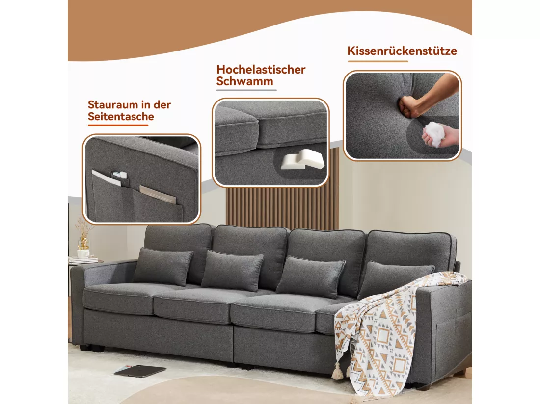 Canapé 4 places, 264x83x87cm, tissu lin, avec poches d'accoudoir et 4 coussins, style simple, pour le salon, gris foncé