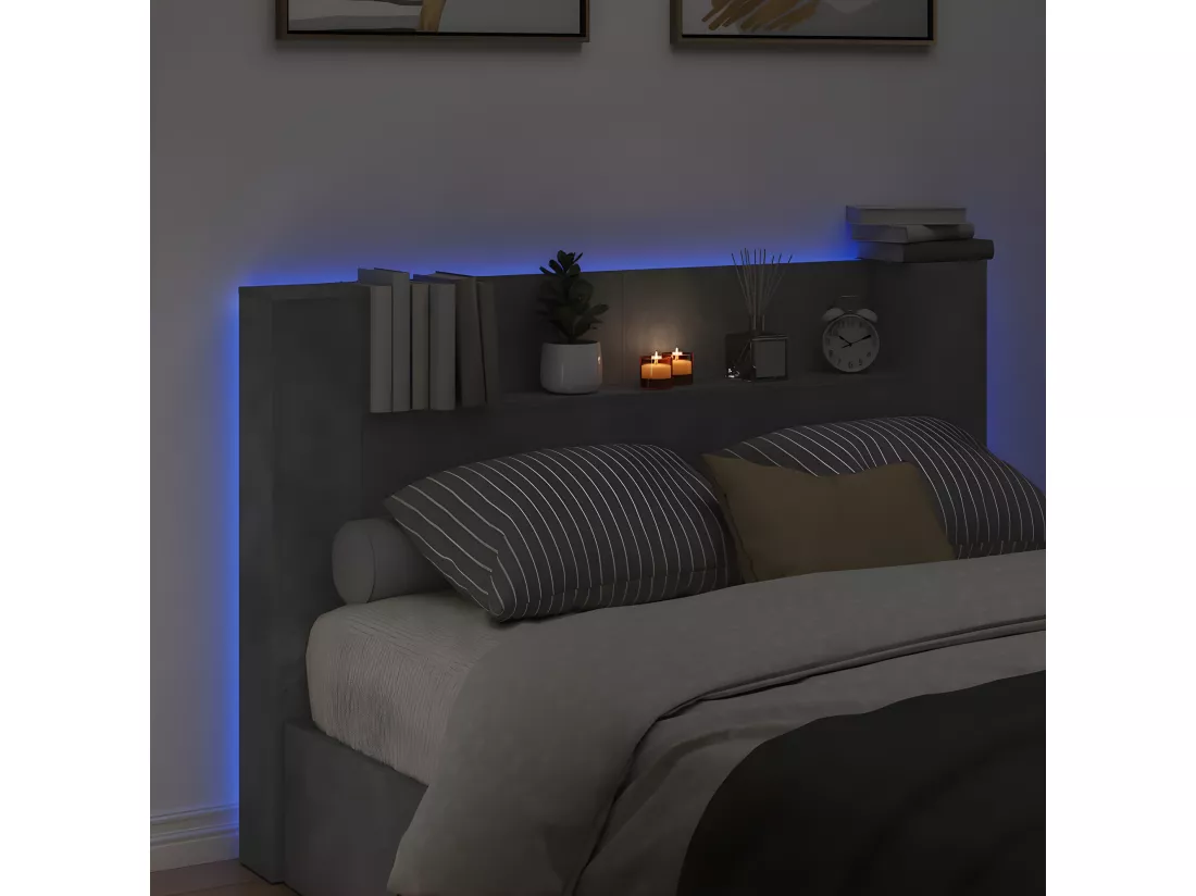 Armoire tête de lit avec LED gris béton 160x16,5x103,5 cm
