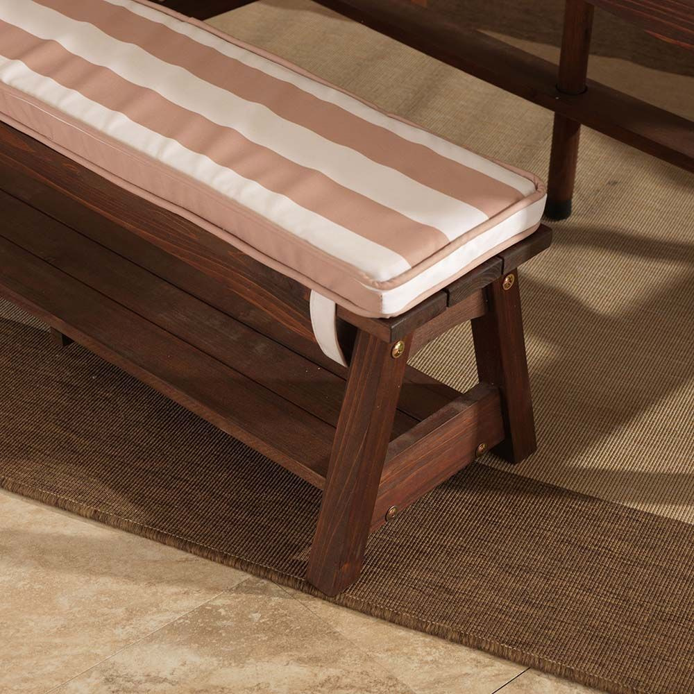Table et bancs d'extérieur en bois avec coussins et parasol - rayures bleu et blanches