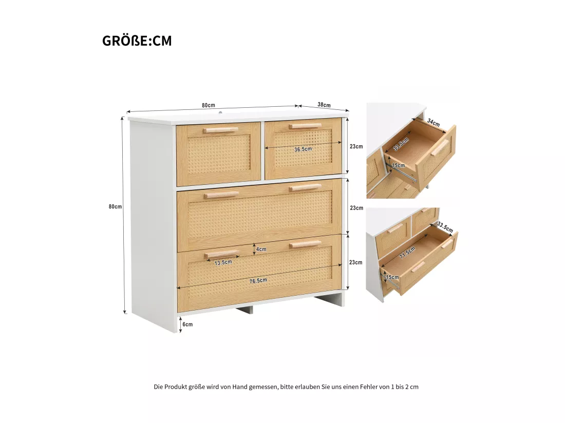 Commode avec 4 tiroirs - poignées en bois massif - effet rotin - coloris blanc+ chêne - 80 x 38 x 80 cm