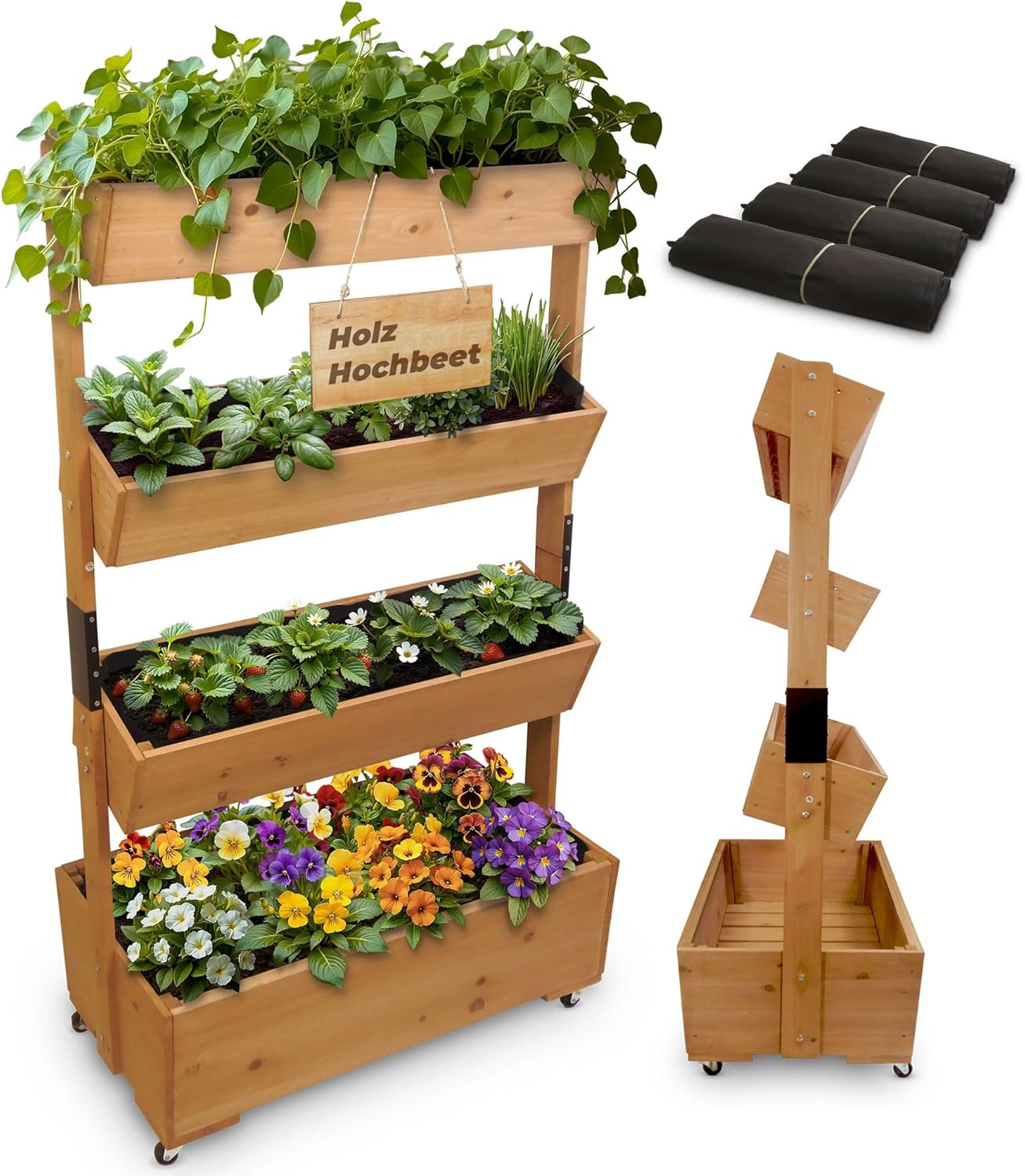 STREND PRO Balkon Hochbeet 4 Etagen Holz | 147x85x45cm (HxBxT) | Wetterfestes Vertikalbeet Pflanzentreppe Outdoor | Kräuterbeet Balkon für Blumen, Kräuter & Gemüse – für Terrasse, Garten
