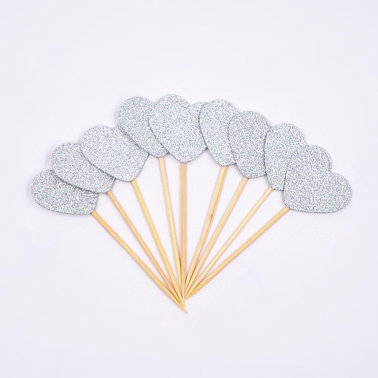 (10-tlg. Set) Kuchenstecker Mini Herzen Tortenstecker Topper Dekoration für Torten / Kuchen - Silber (Glitzer)