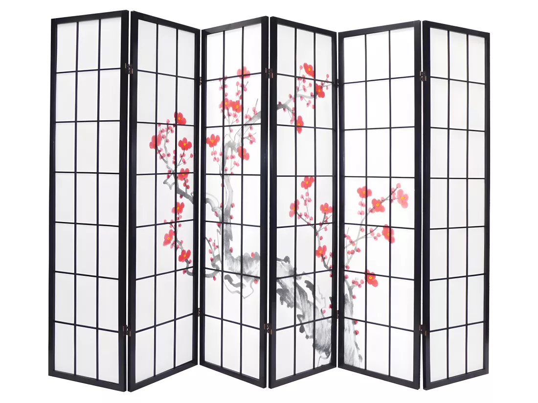 Paravent bois noir avec fleurs de cerisier de 6 pans, L264 x H176 x P2 cm