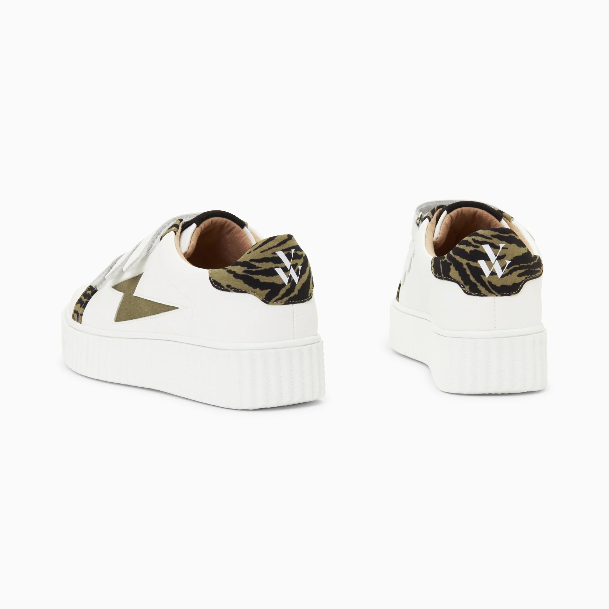 Sneakers-Baskets éclair Ingrid blanc et kaki imprimé zèbre à scratchs