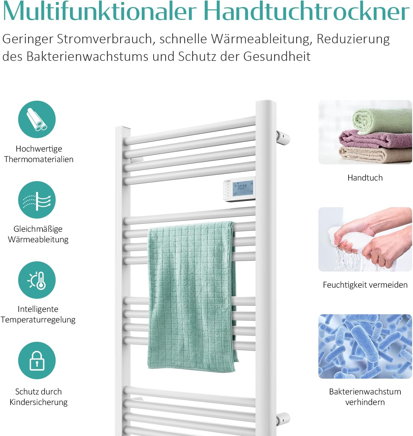EMKE Elektrischer Handtuchheizkörper 96 x 54 cm, Badheizkörper Elektrisch mit Touchschalter Timer, Handtuchheizung Handtuchtrokner Handtuchwärmer Elektrisch Weiß 500W
