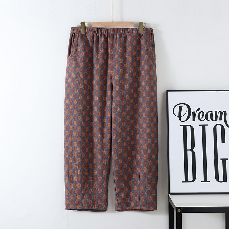 Somnus - Elastische taille, bloemenjacquard cropped pyjamabroek met tonvormige pijpen