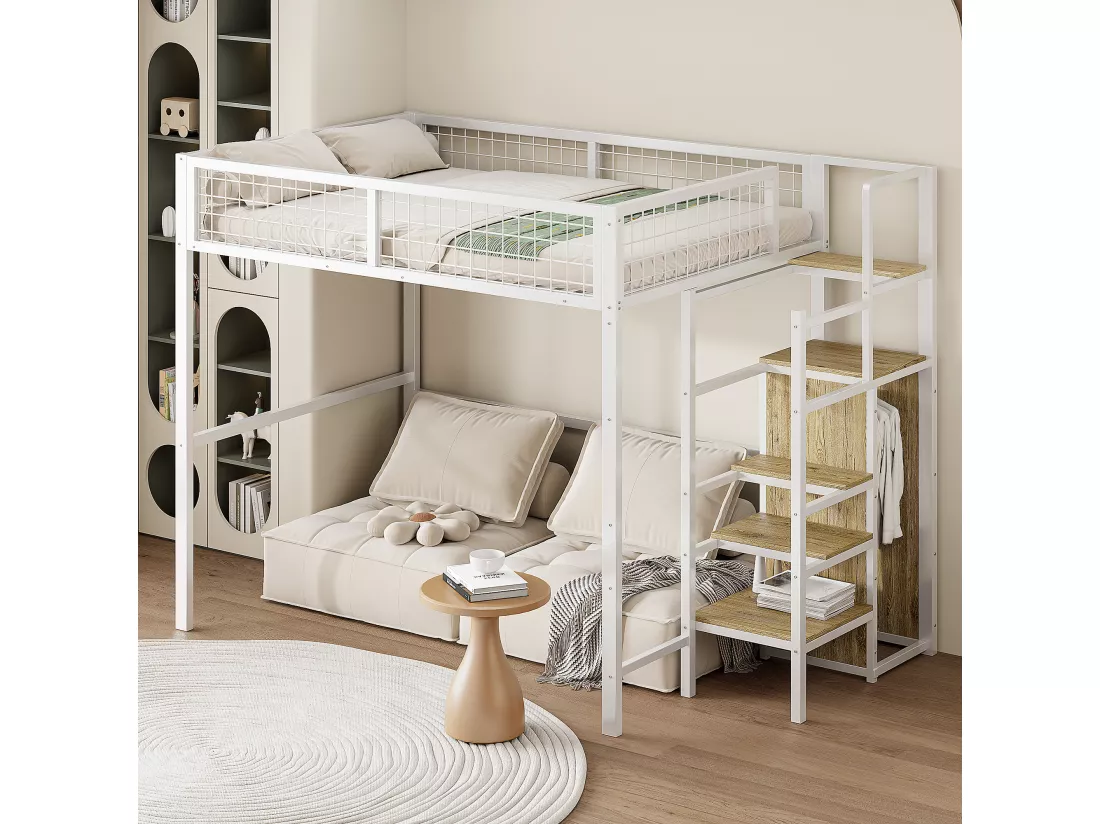 Lit mezzanine enfant 140x200 cm avec structure en fer - avec échelle de rangement et une penderie - Blanc