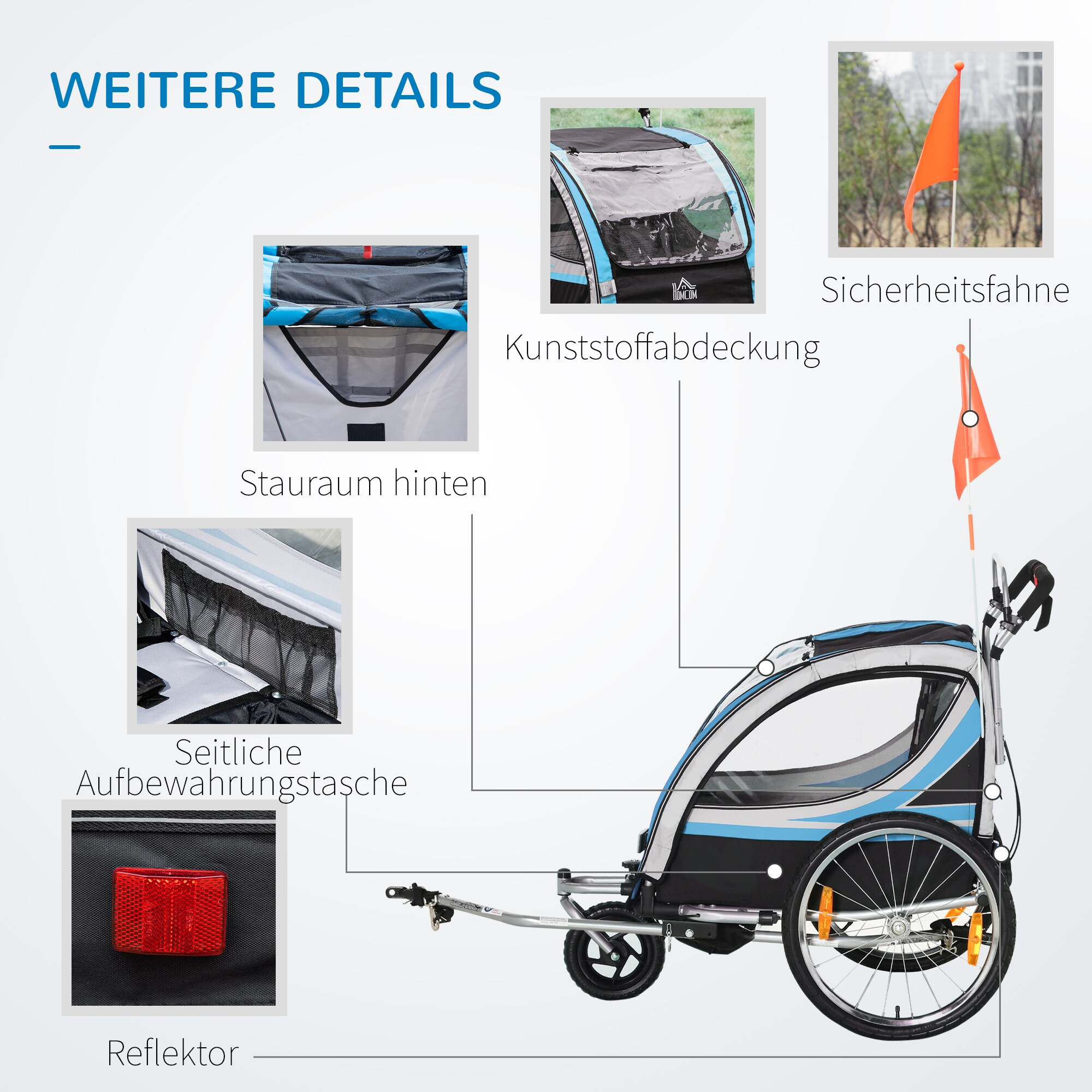 HOMCOM Kinderfahrradanhänger mit Aufbewahrungstasche 142L x 75B x 101H cm