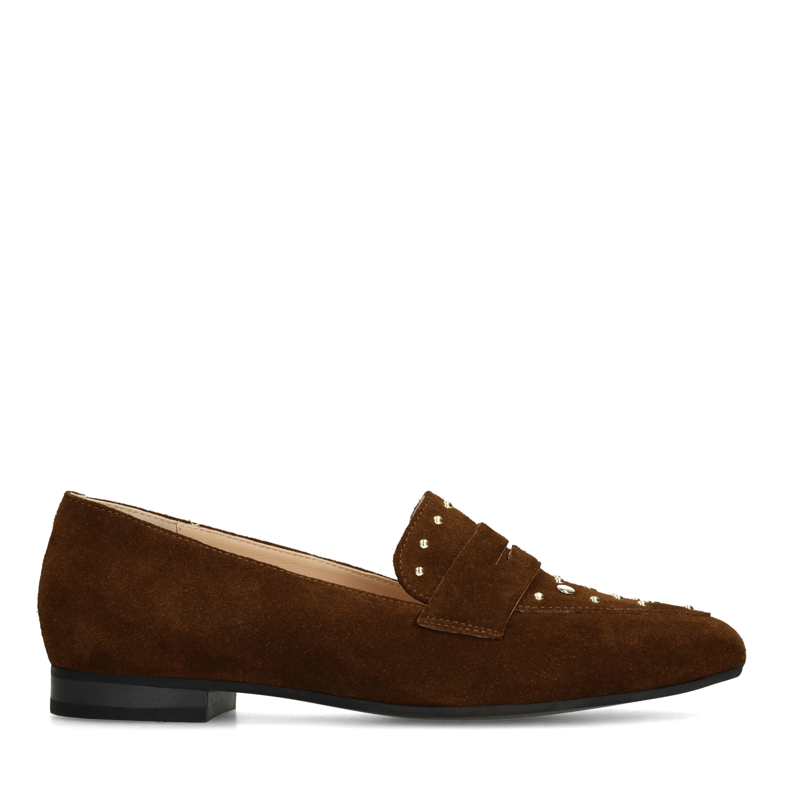 Donkerbruine suède loafers met gouden studs