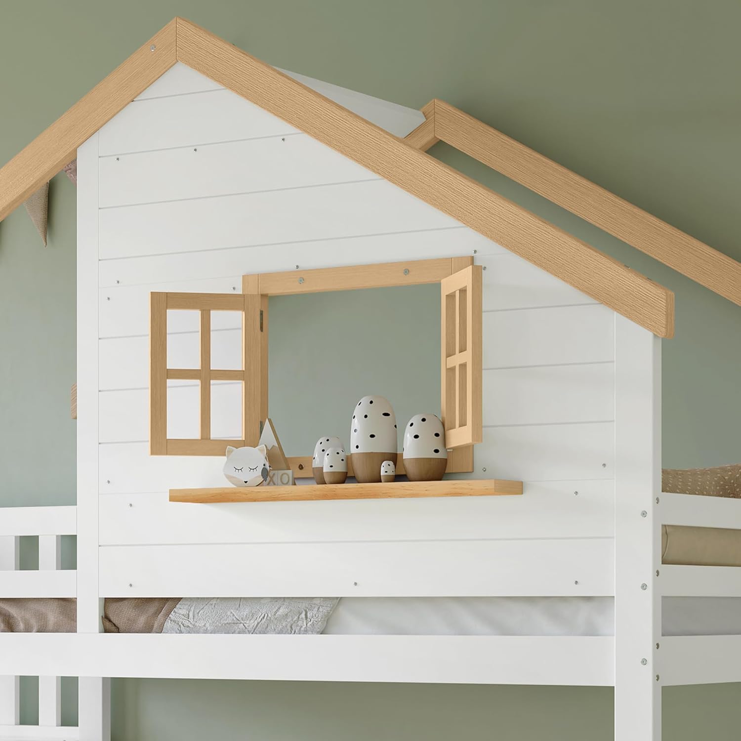 Etagenbett 90x200 cm, Kinderbett mit 2 Schubladen, Holzbett mit Aufbewahrungstreppen, Hausbett mit Dach und Fenster, Multifunktionales Stauraumbett, Weiß + Natur, ohne Matratze