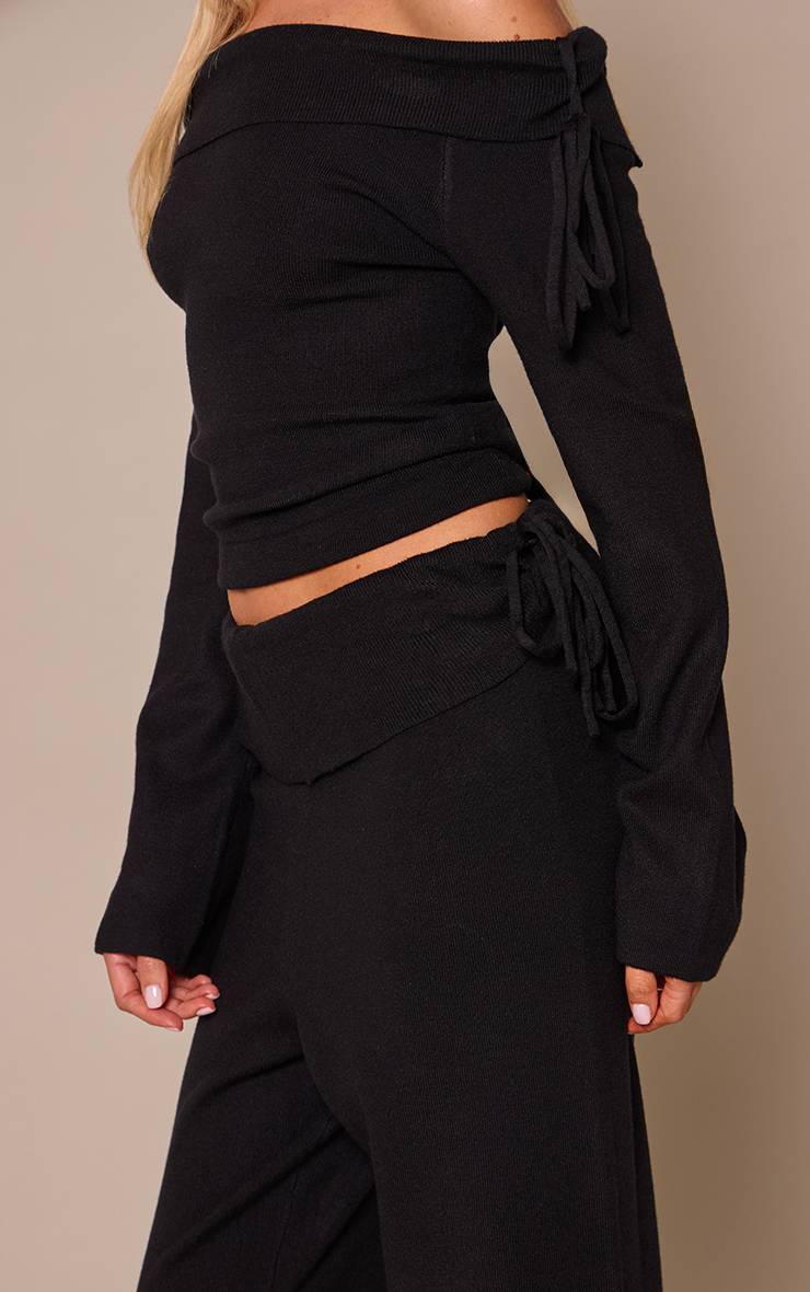 Noir Pantalon Large Tricoté À Taille Repliable Et Liens Latéraux
