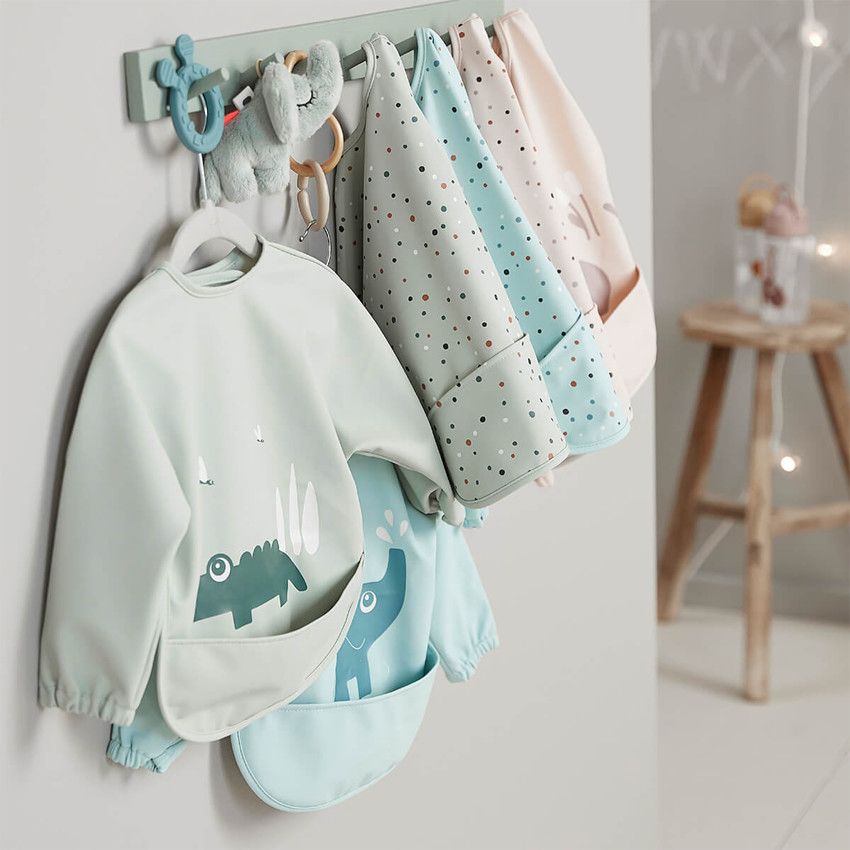 Bavoir tablier à manches longues avec poche - Happy Dots Bleu - Ecru