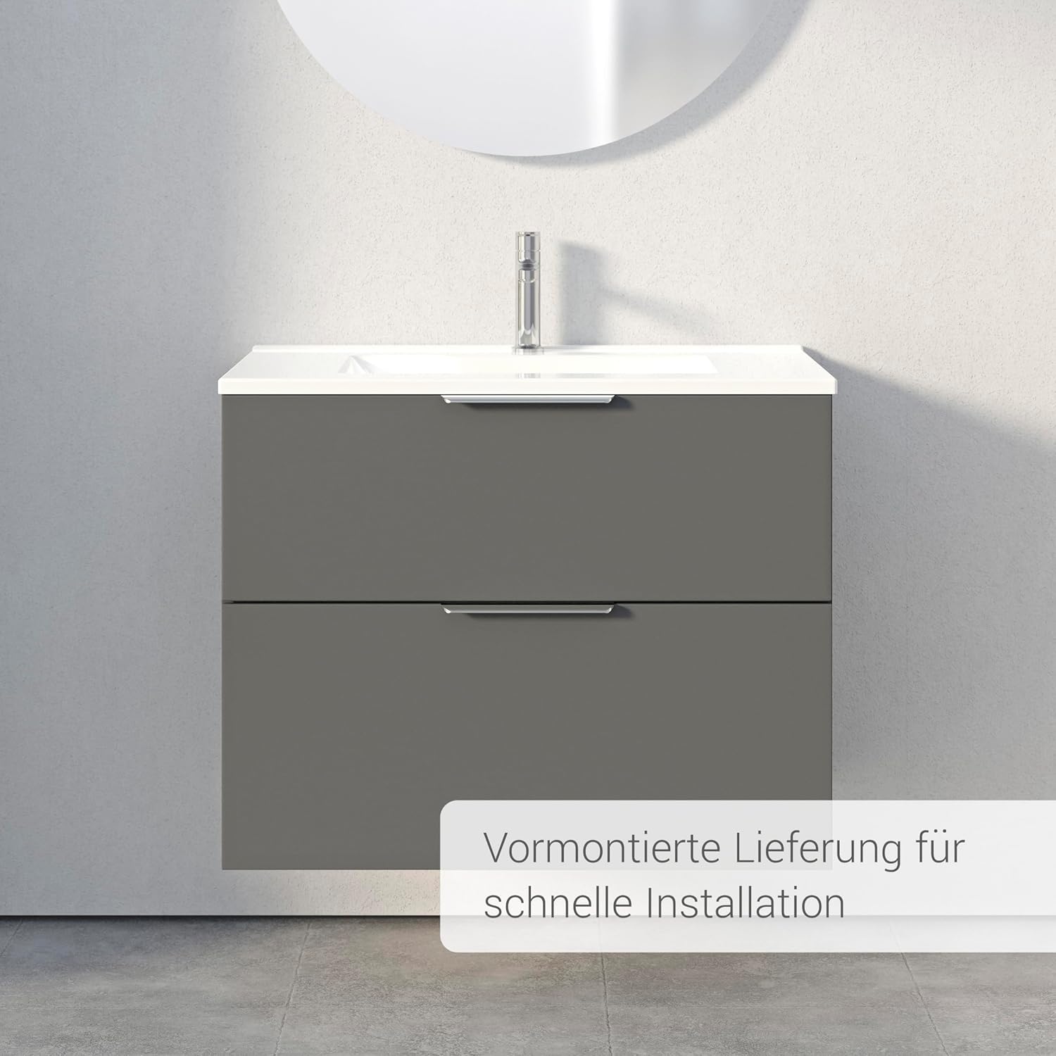 BERNSTEIN Badmöbel-Set Tim 80cm Waschbeckenunterschrank mit Waschtisch, Unterschrank in Anthrazit matt, Griffe in Chrom,Keramik-Waschbecken vormontierter Unterschrank, feuchtigkeitsresistent