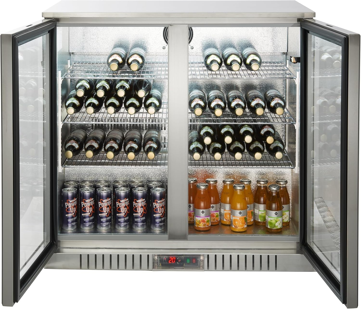 METRO Professional GBC3002S Glastür-Kühlschrank, Edelstahl/Aluminium/Hartglas, 6 verstellbare Einlegeböden, automatische Abtauung, 198 L, LED Beleuchtung, silber, EEK: D
