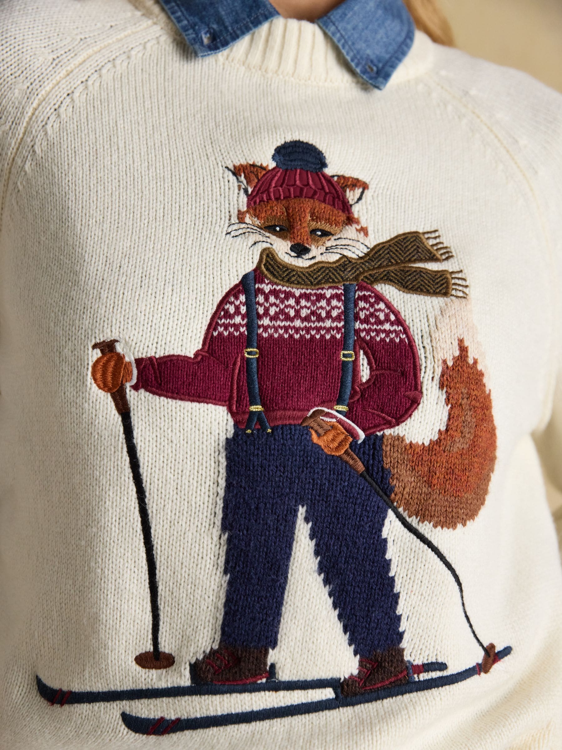 Cream Skiing - Joules Intarsia Cotton-Rich Crew Neck Jumper