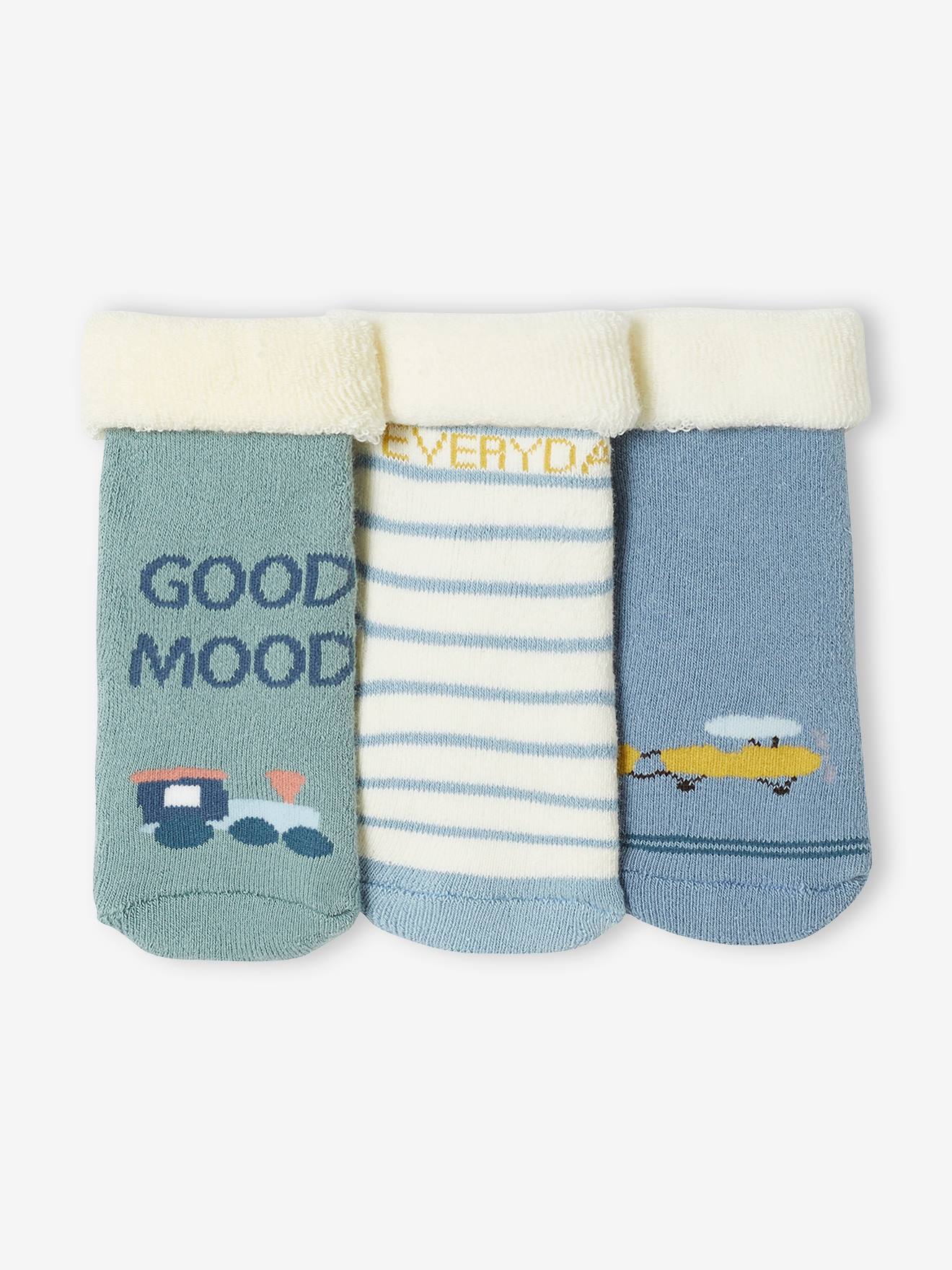 Pacote com 3 pares de meias com estampa de avião e trem para bebê menino, azul gelo.