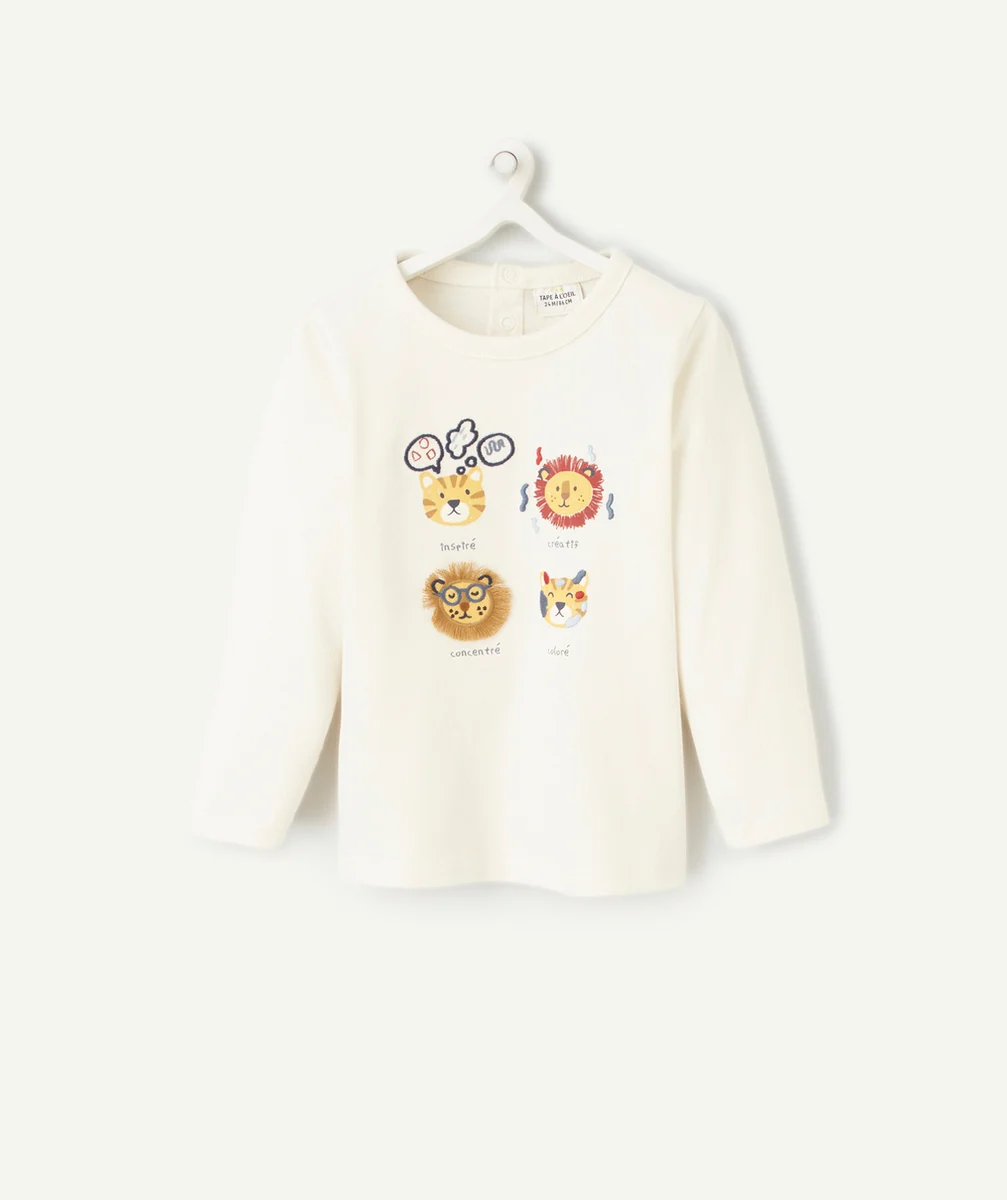 T-SHIRT BÉBÉ GARÇON EN COTON BIO ÉCRU AVEC TIGRES ET MESSAGES
