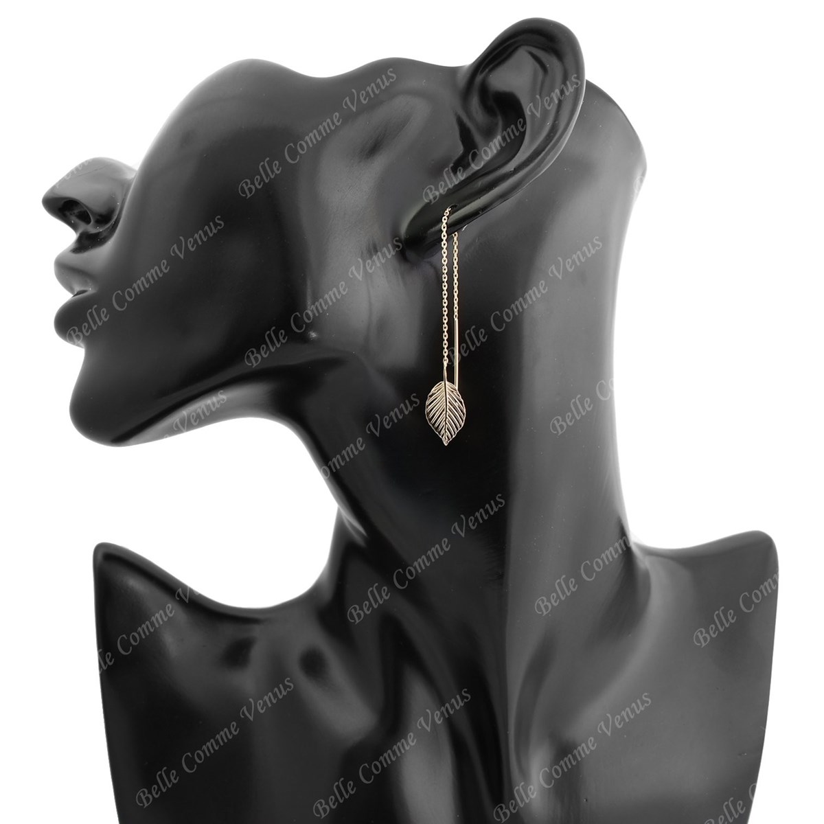 Boucles d'oreilles traversantes chaînes feuille tombante Plaqué or 750 3 microns