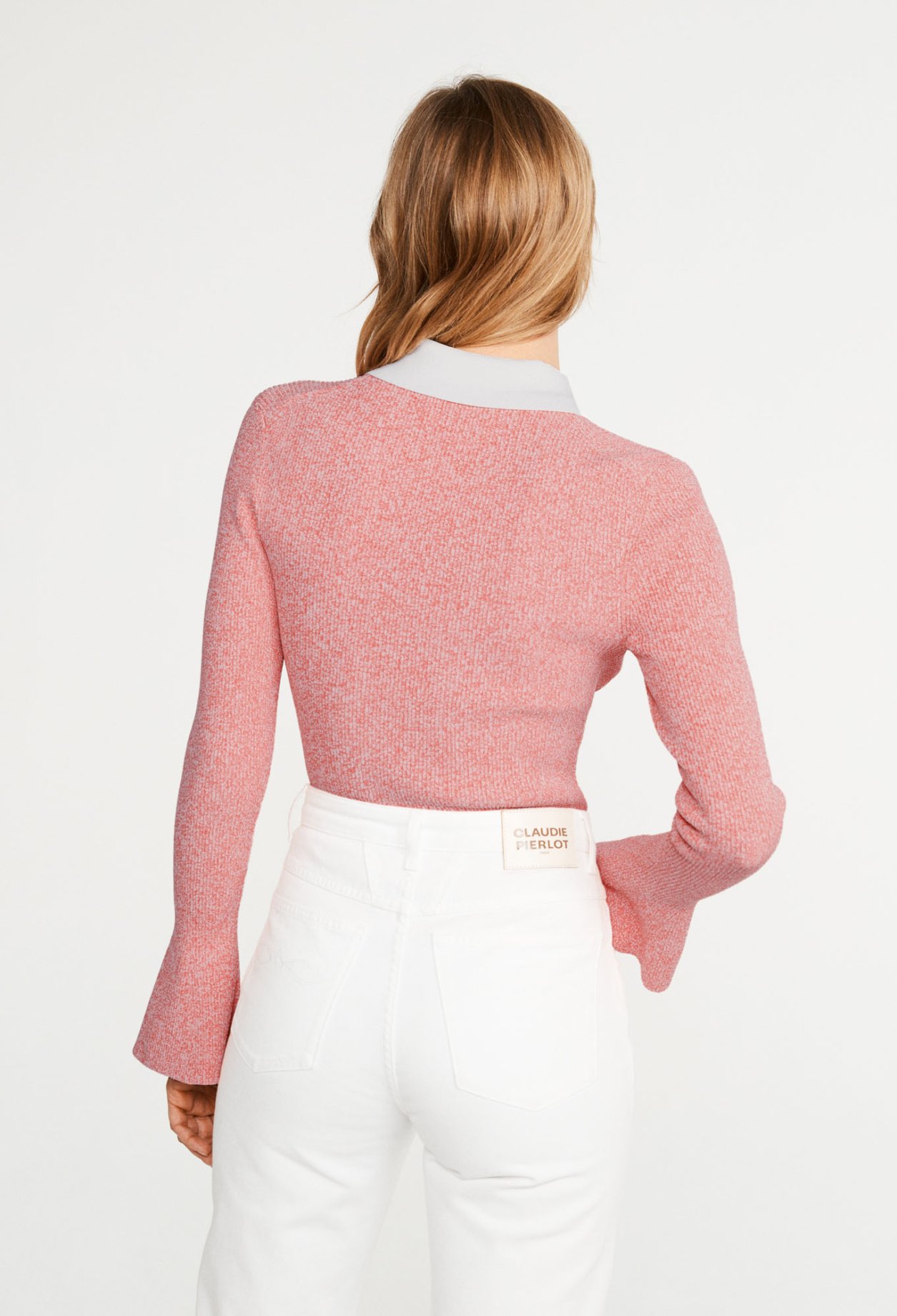 Pull chine rose col blanc
