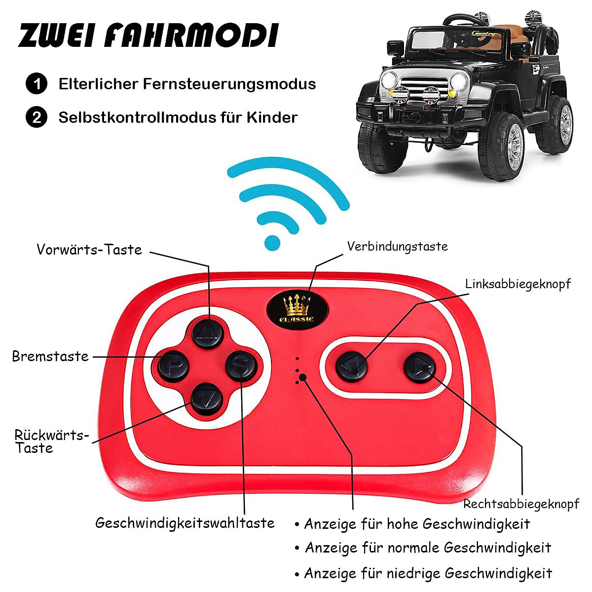 Jeep elétrico com caixa de armazenamento e controle remoto, preto