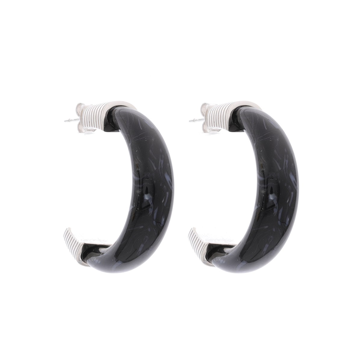 Boucles D'oreilles Créoles Argent Rhodié Et Acétate Noire