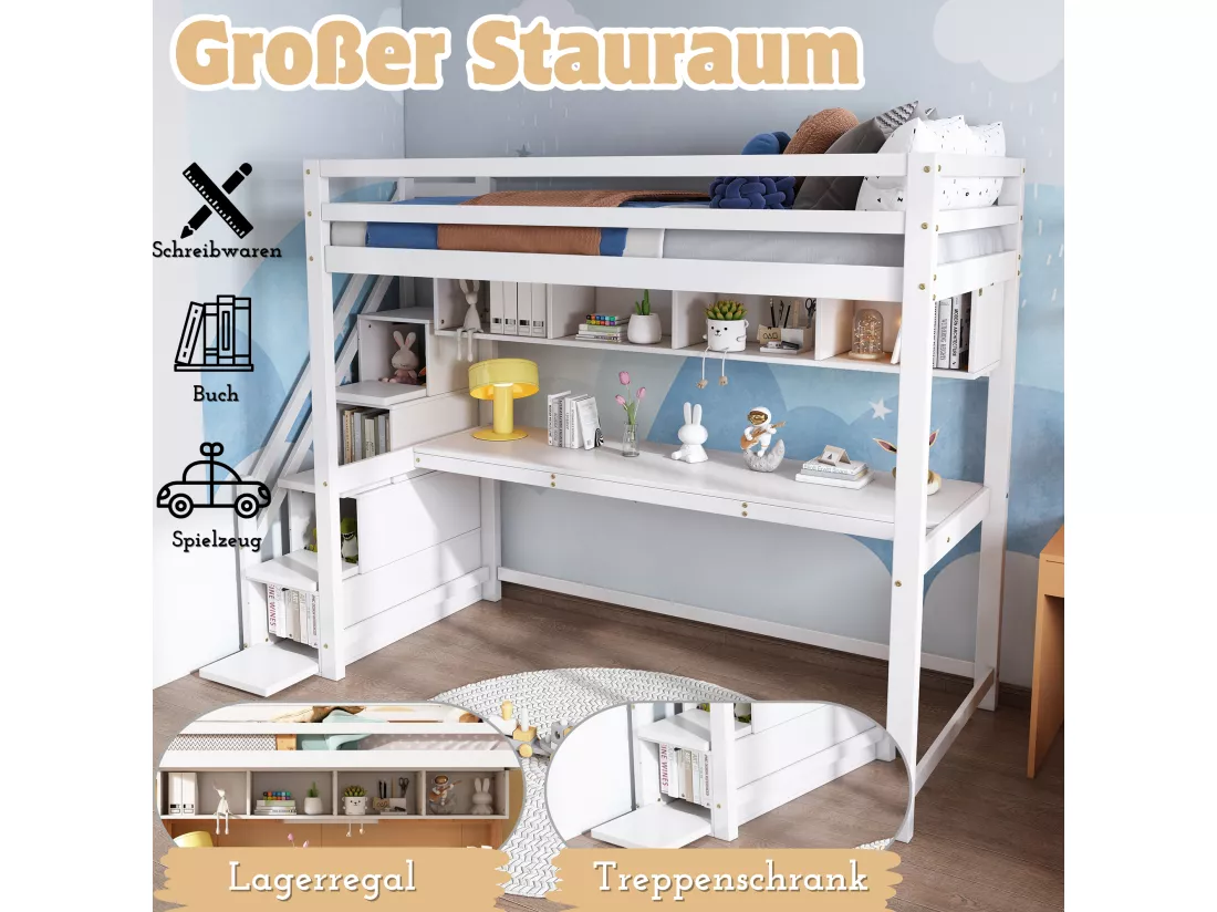 Lit mezzanine 90 x 200 cm avec bureau, tiroirs et étagères de rangement - Bois de pin - Blanc