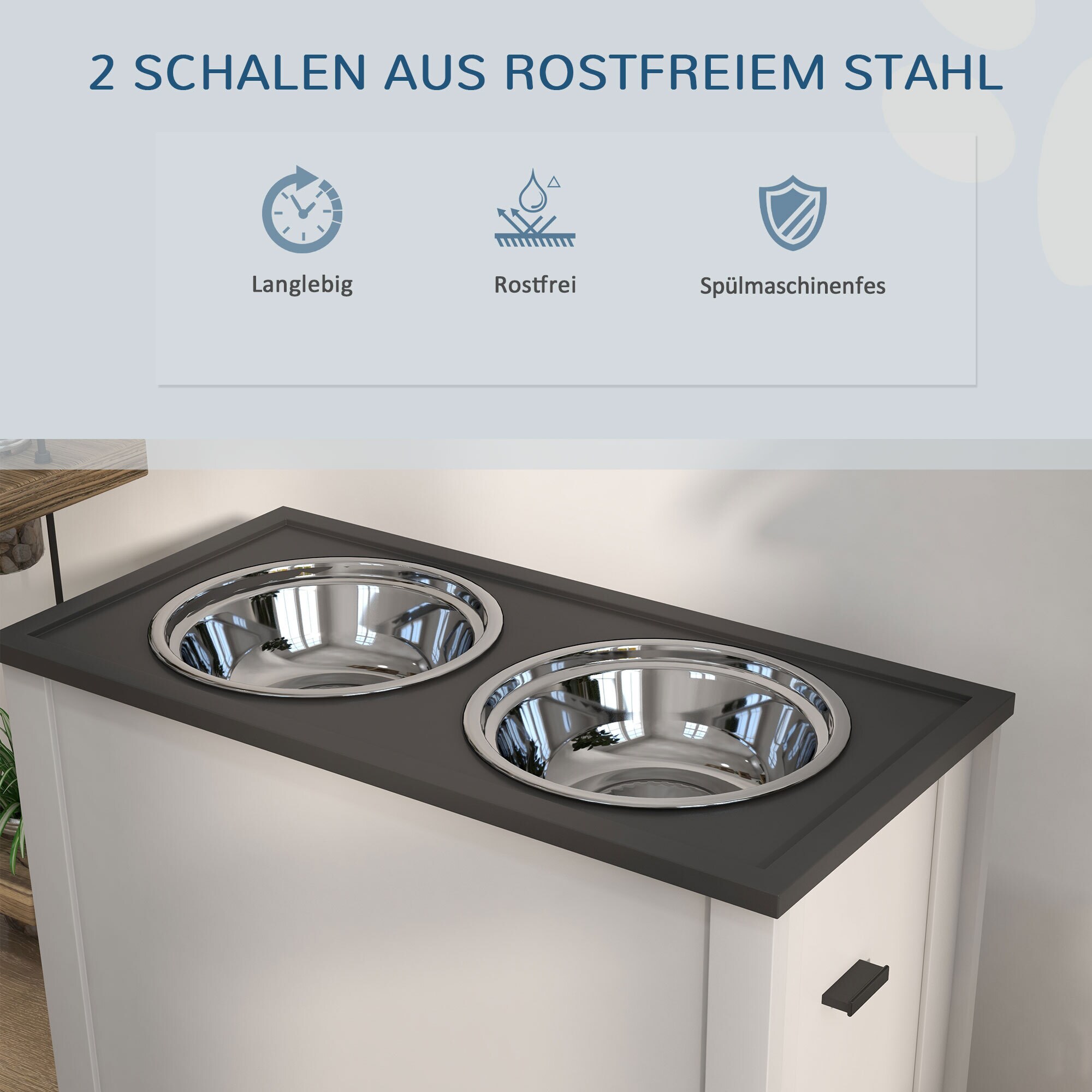 PawHut Erhöhter Futternapf mit abnehmbaren Schalen und Staufach an der Seite weiß 60L x 30B x 42H cm